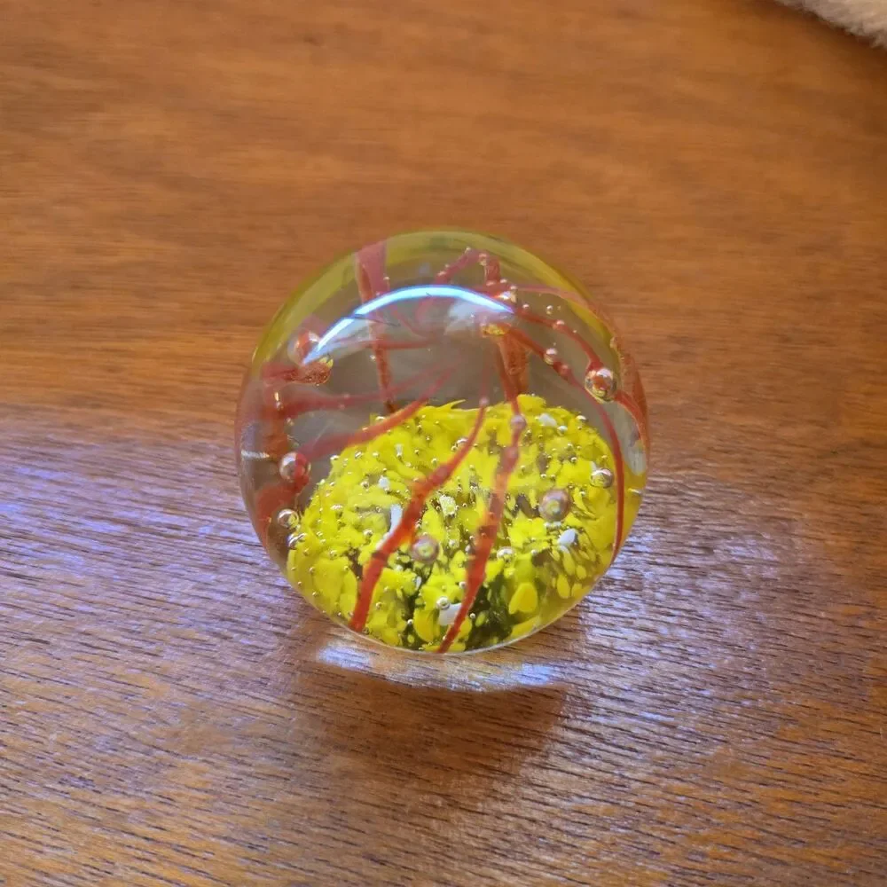 Vintage Art Glass Clear/Yellow/Red With Controlled Bubbles Paperweight